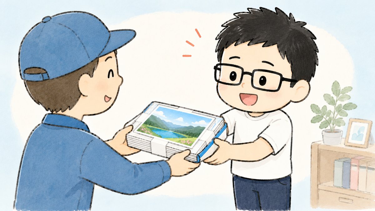 注文した写真プリントの束を受け取っているイラスト