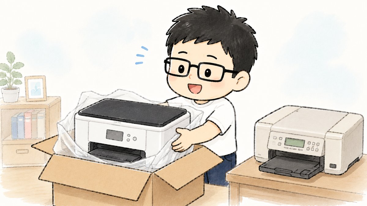 新しいプリンターを箱から出しているイラスト。横に古いプリンター