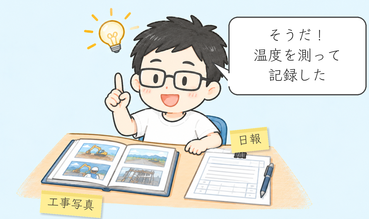 工事写真と日報を見て「そうだ！温度を測って記録した」と思い出すとうちゃん