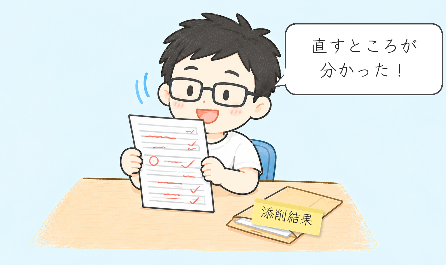 赤ペンの入った答案を持ち「直すところが分かった！」と喜ぶとうちゃん。机に添削結果の封筒
