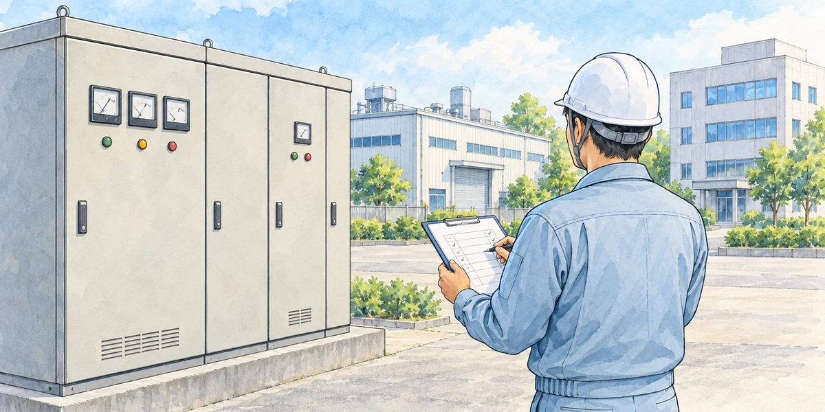 工場とビルを背景に、技術者が電気設備盤の計器と点検記録を照合する様子