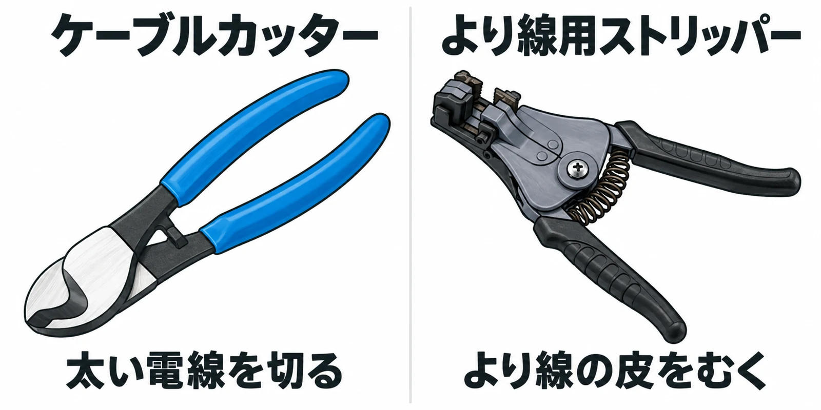 第一種電気工事士に追加する2工具。左はN-18ケーブルカッターで太い電線を切る。右はP-90-Cより線用ストリッパーでより線の皮をむく。