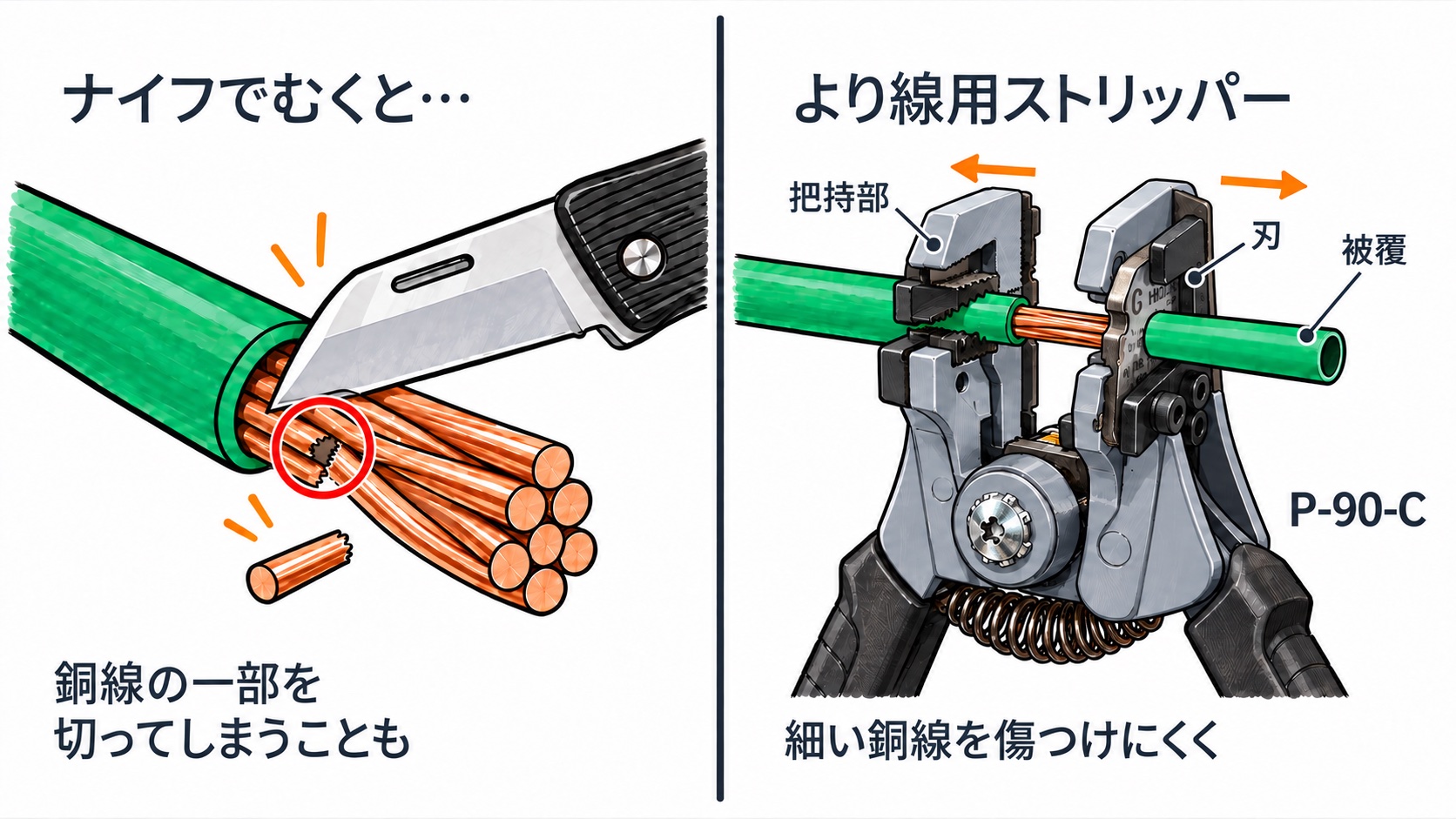 P-90-Cの把持部と刃が電線に沿って離れ、間に銅線が現れる仕組み。ナイフでより線を傷つける例との比較。