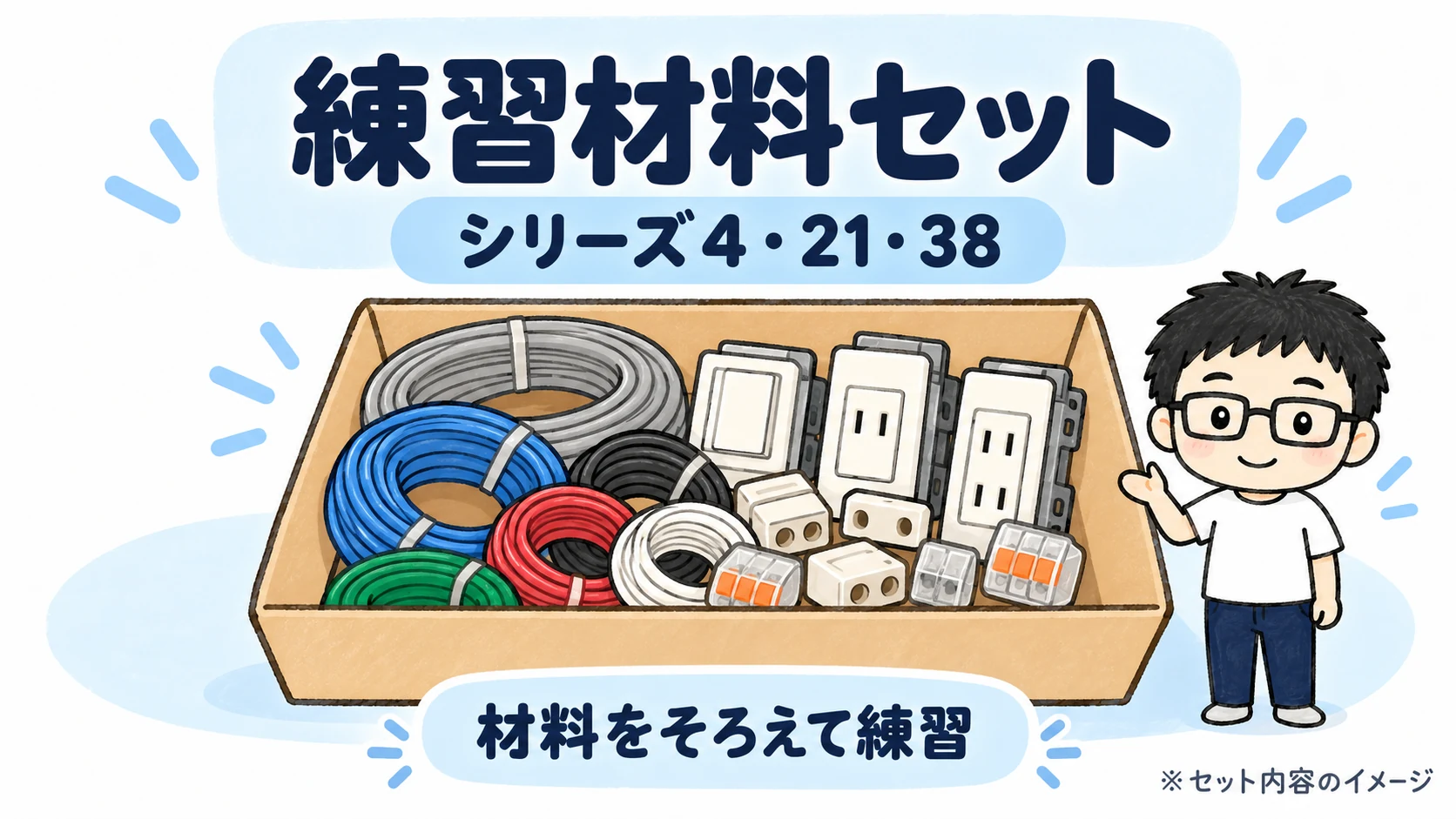 準備万端シリーズ4・21・38。器具・電線の練習材料セットのイメージ