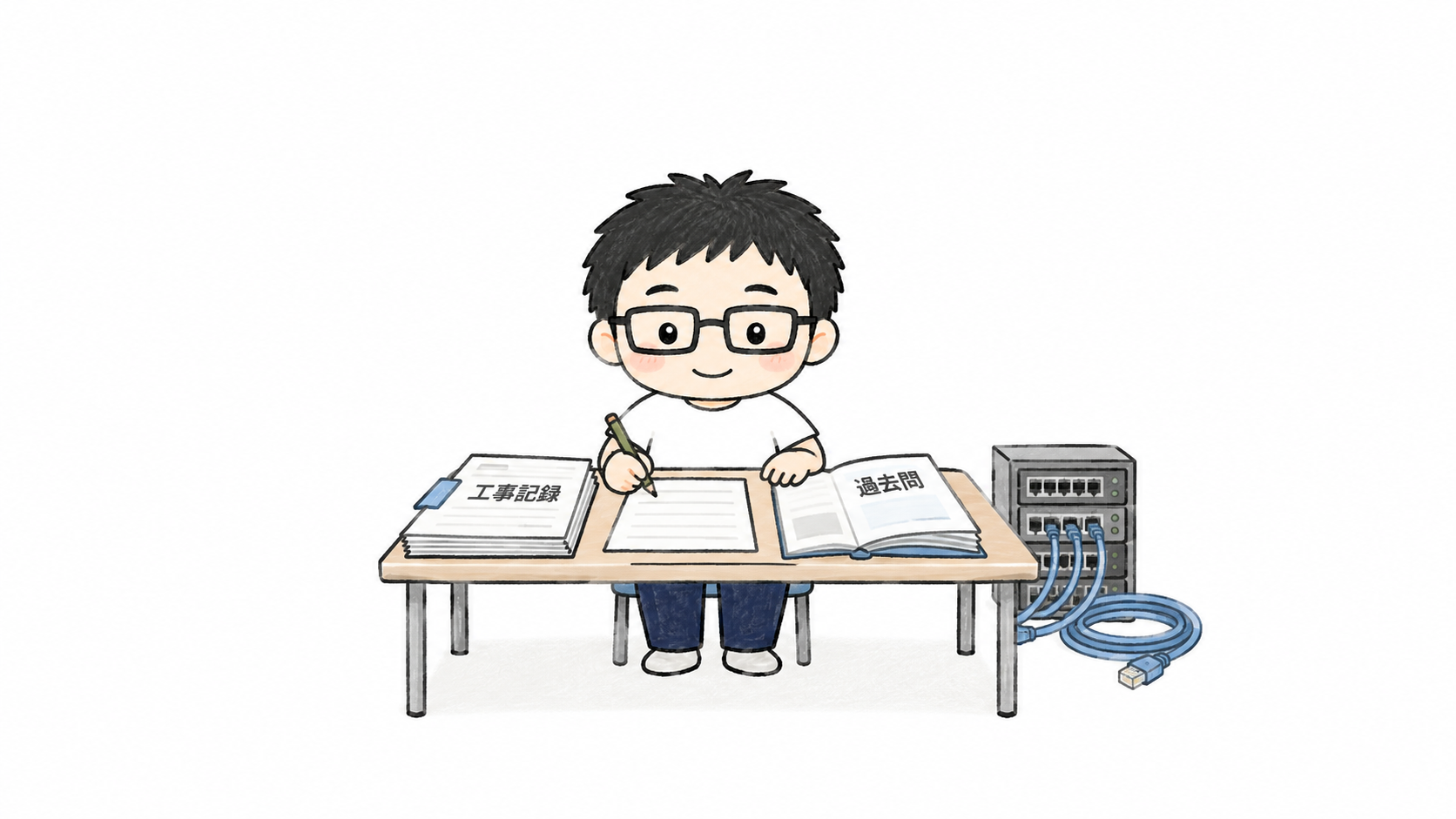 工事記録と過去問を見比べて、自分が経験した電気通信工事の経験記述を準備するイラスト。