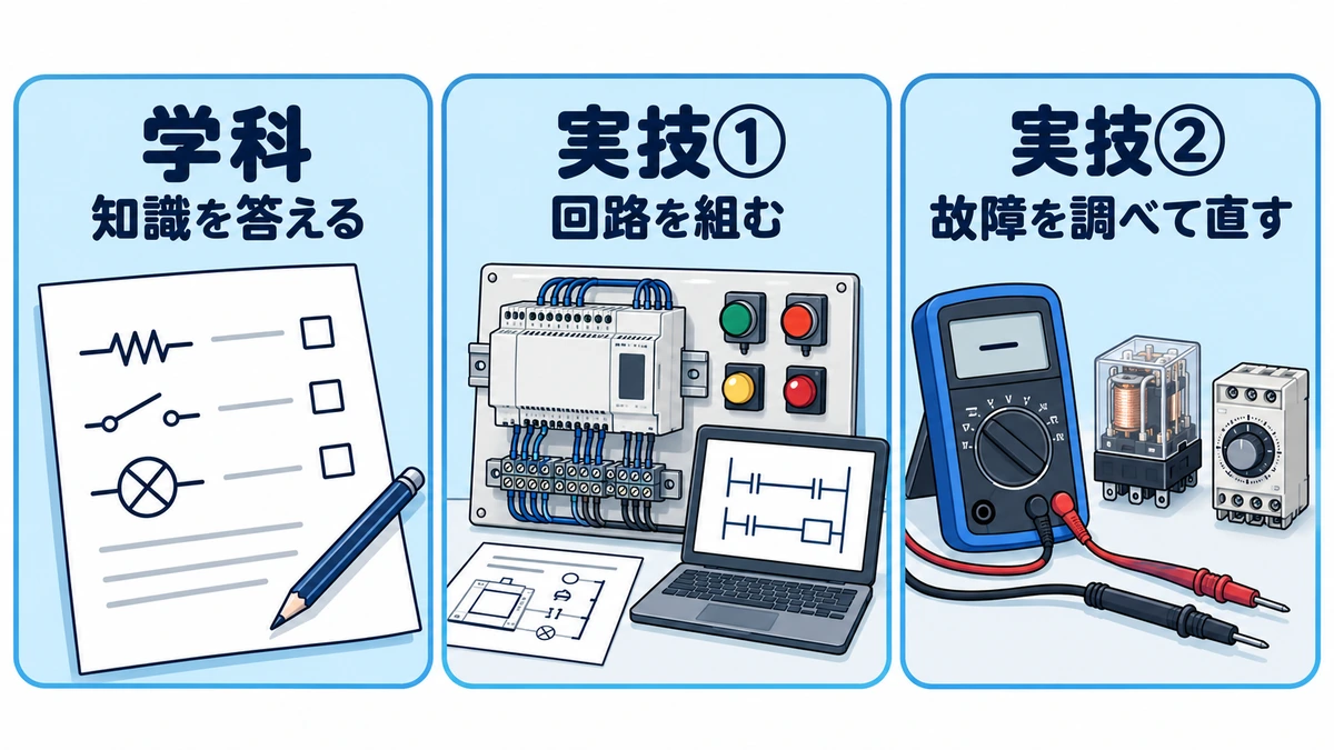 電気系保全作業2級の試験概要。学科は知識を答え、実技は回路を組む課題と故障を調べて直す課題。