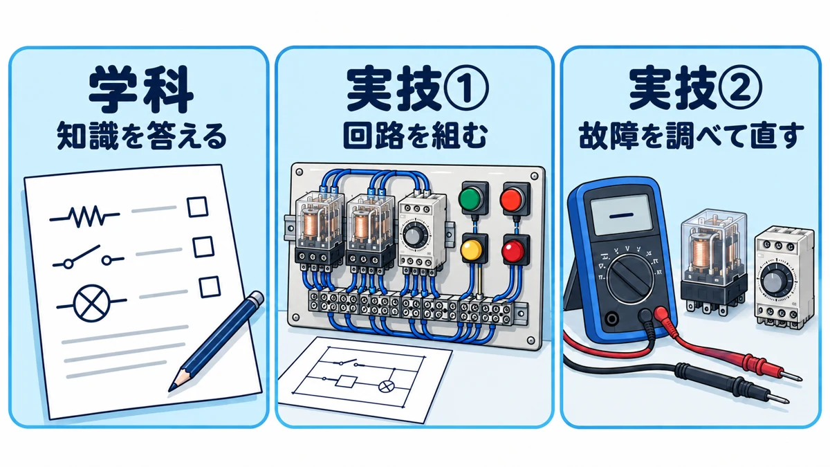 電気系保全作業3級の試験概要。学科は知識を答え、実技はリレー・タイマの回路組立と点検・修復を行う概念図。