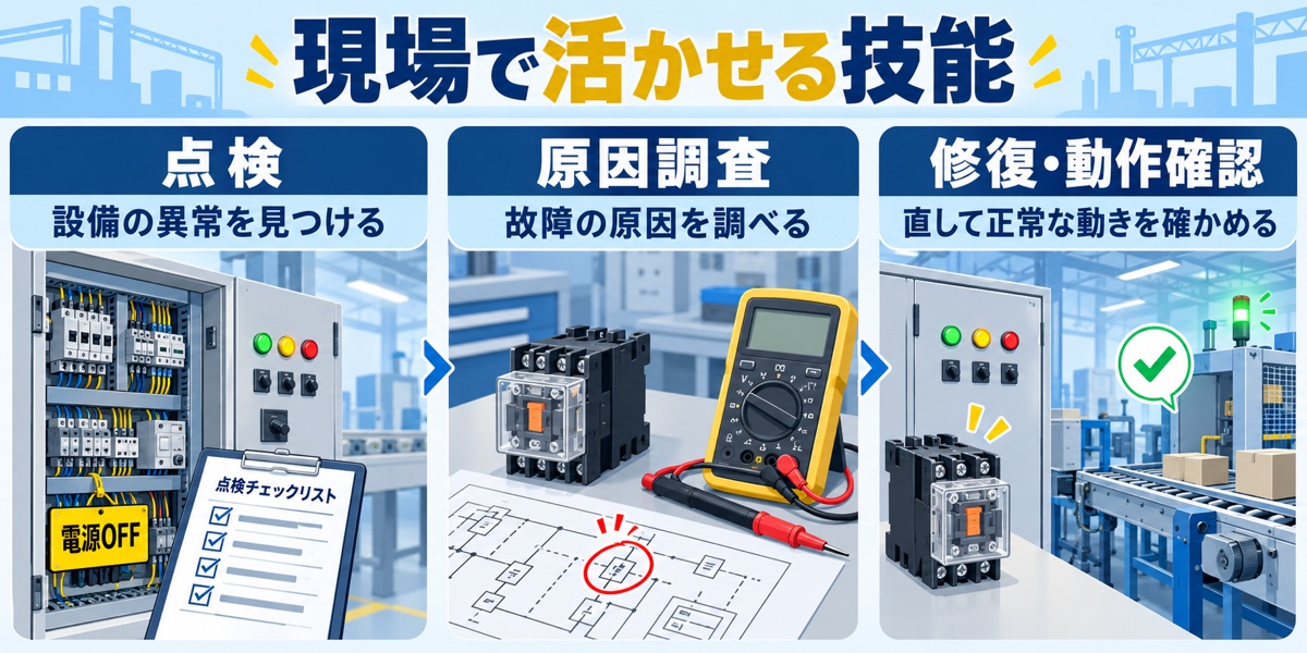 電気系保全の技能を現場で活かす流れ。設備を点検し、テスタと回路図で故障原因を調べ、修復後に正常な動きを確認する。