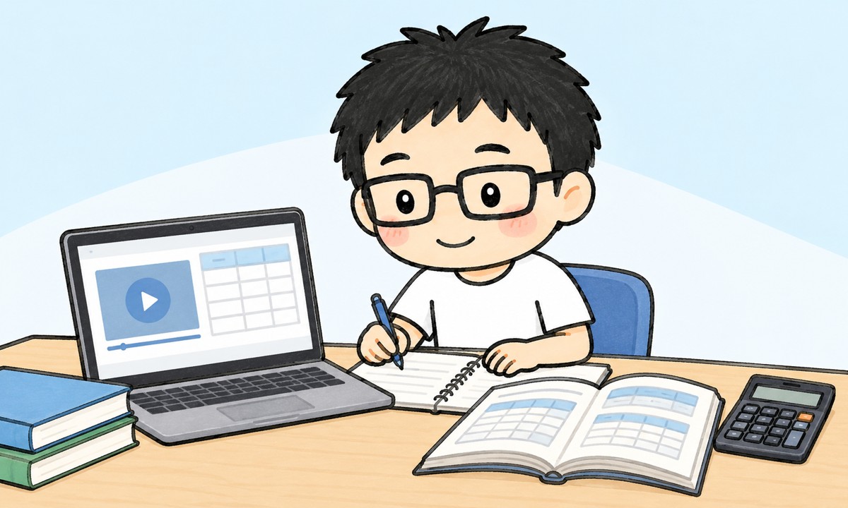 講義動画とテキストを見比べながらノートを取るとうちゃん