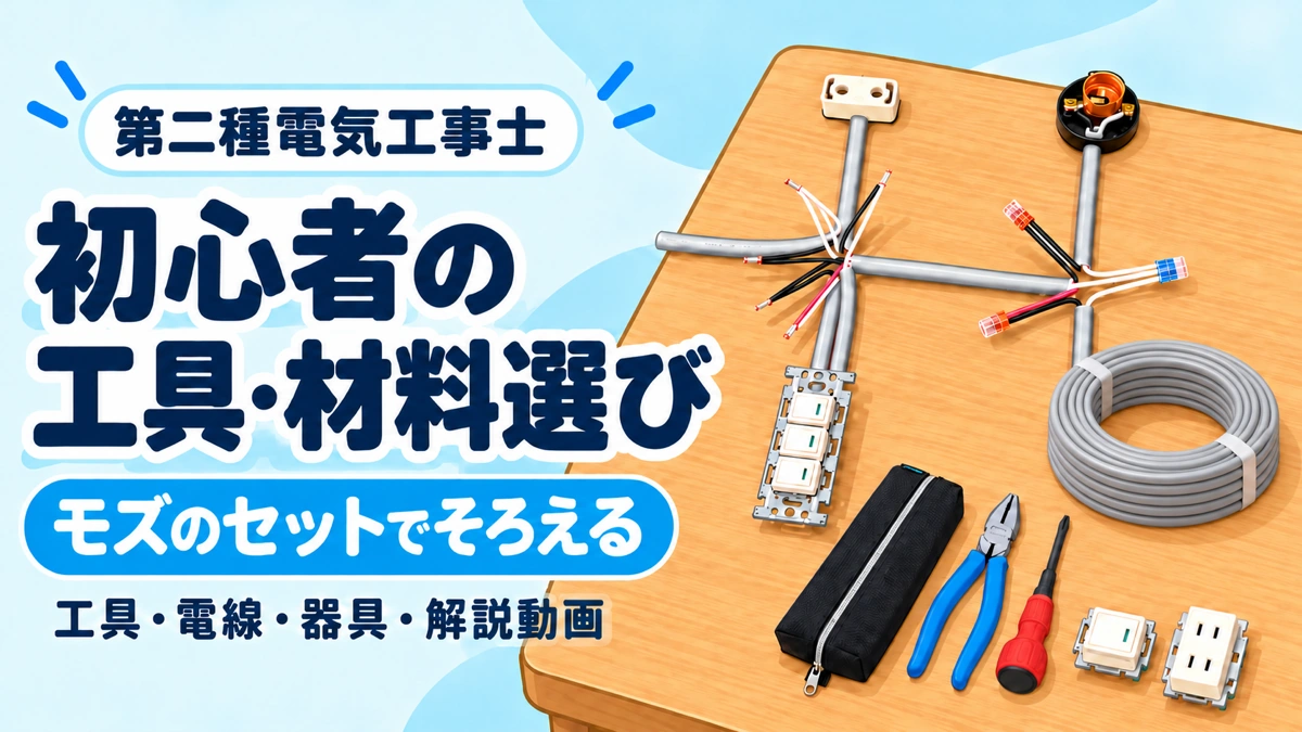 第二種電気工事士の初心者向け工具・材料選び。完成作品、工具・器具と大きな灰色の巻きケーブル