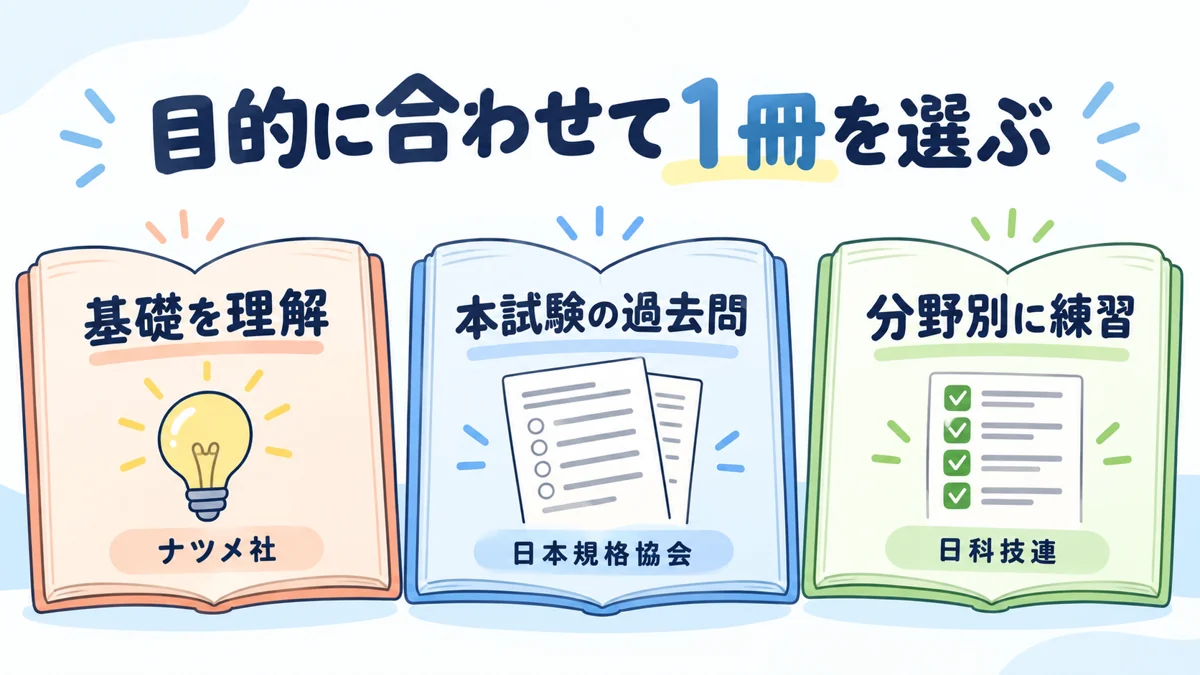 QC検定3級の書籍選びの概念図。基礎理解はナツメ社、本試験過去問は日本規格協会、分野別練習は日科技連