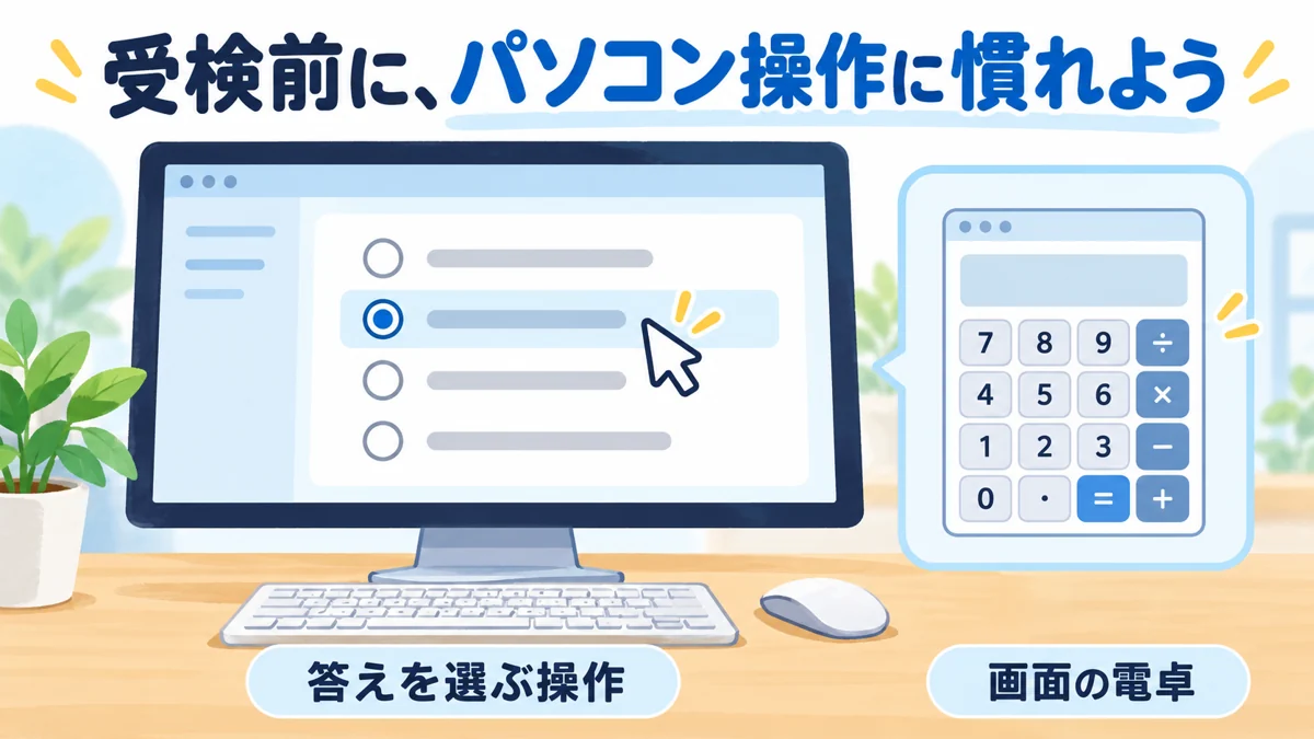 受検前のパソコン操作のイメージ。画面で答えを選ぶ操作と画面上の電卓を確認する