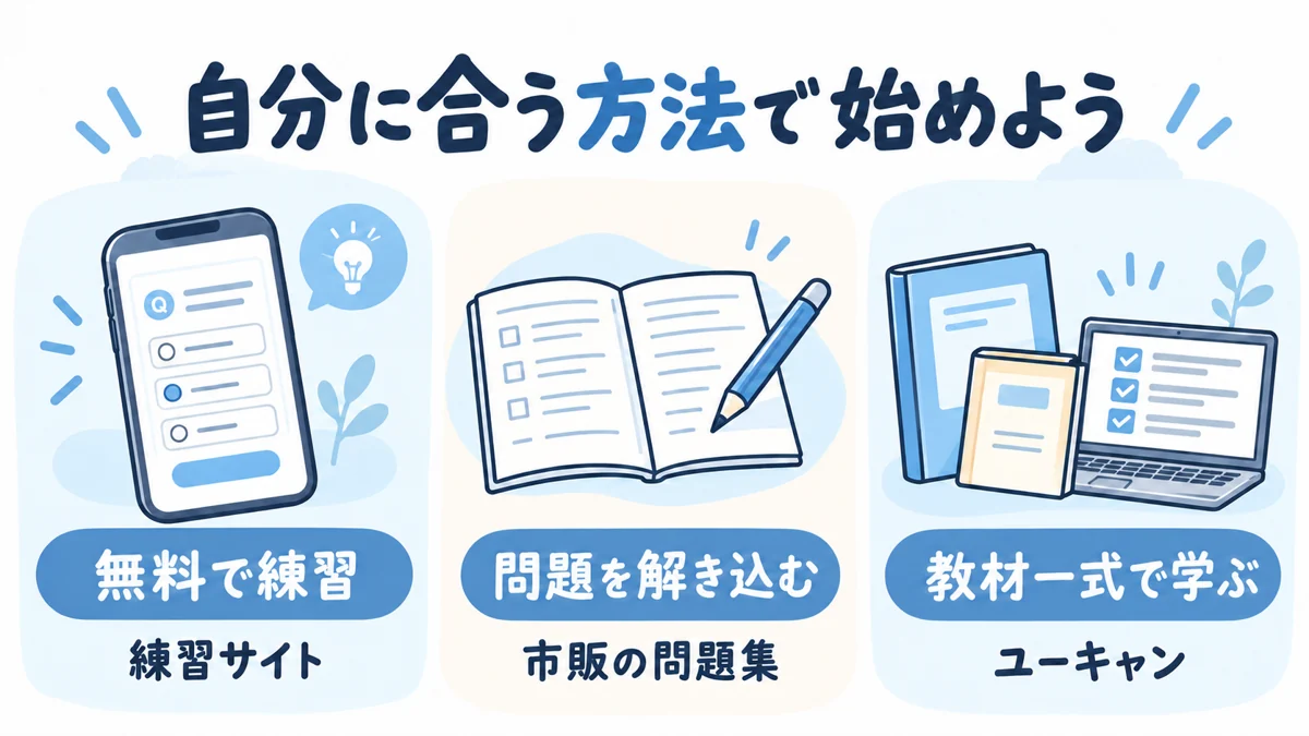 無料の練習サイト、市販の問題集、ユーキャンの教材一式から自分に合う学び方を選ぶ説明図