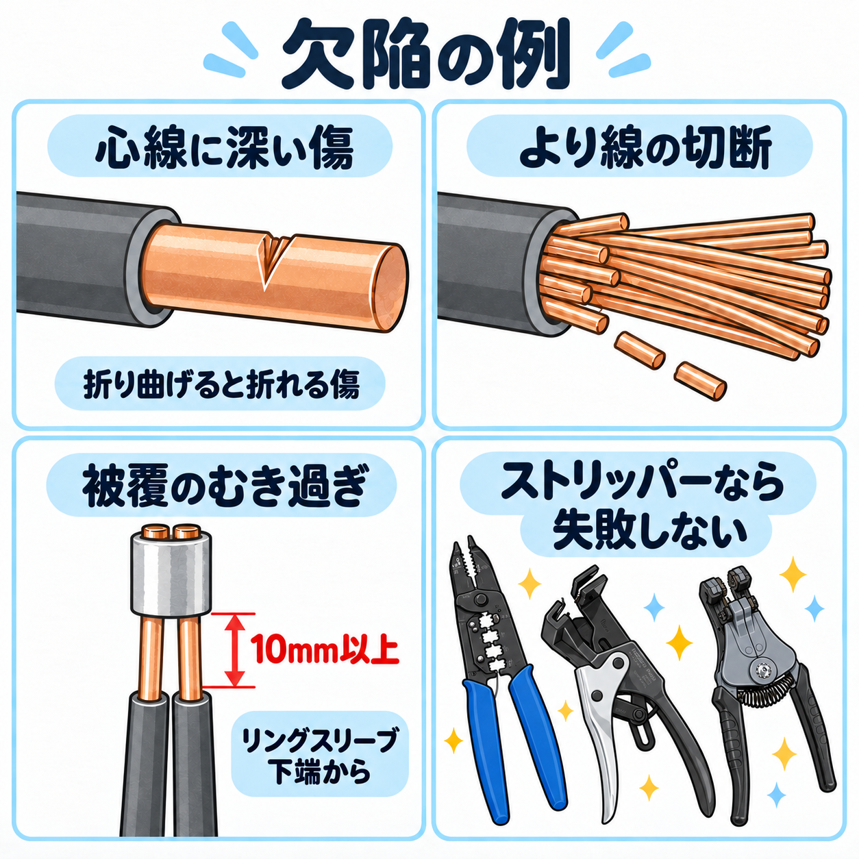 技能試験の欠陥例を示す4コマの概念図。心線に深い傷、より線の切断、リングスリーブ下端から10mm以上の心線露出と、3種類のストリッパーを示す。人物なし。
