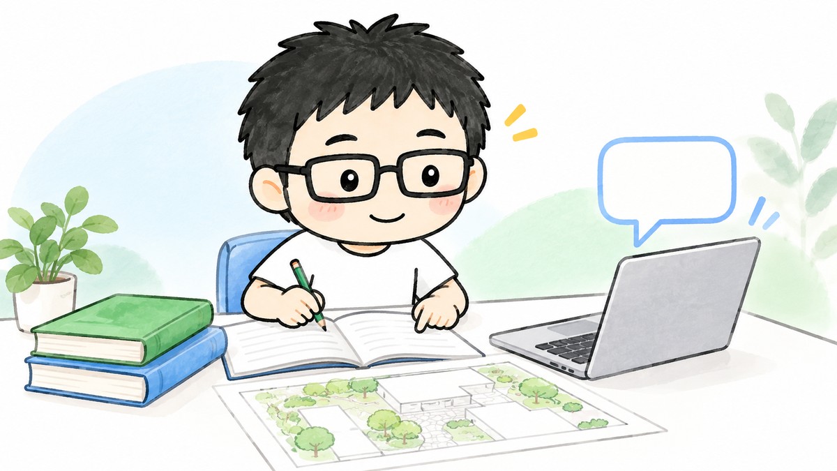 造園の図面と参考書2冊を広げ、分からない箇所をノートパソコンで質問しながら学ぶとうちゃん。